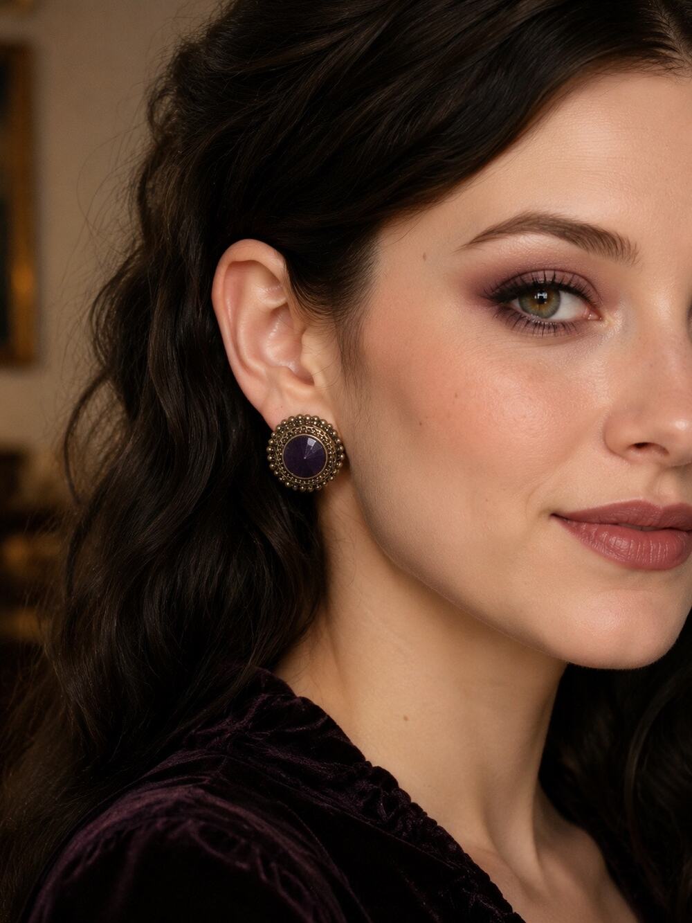 Purple Faceted Cabochon Round Stud Earrings Ornate Antiqued Gold Tone